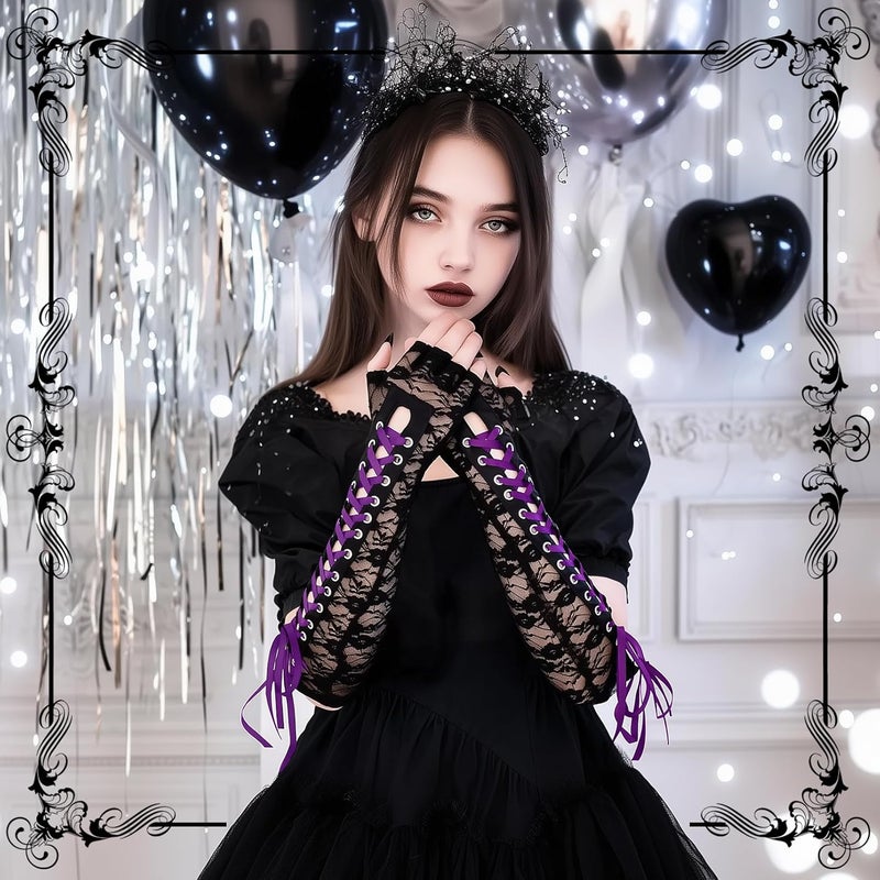 RainFlowwer Fingerless Gloves Steam Punk Goth Witch Long Elbow Arm Warmer Lace Sleeves for Costume Party Halloween Cosplay - Image 2